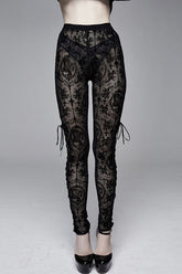 Black Flocking Printing Sexy Elastic Waistband Mesh Gothic Womens Pants